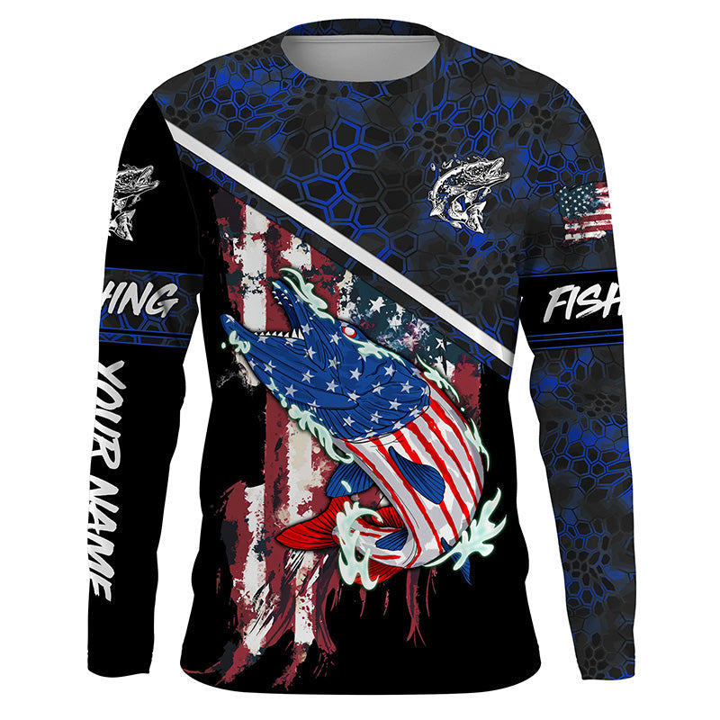 American Flag Musky fishing blue camo Custom name long sleeve muskie Fishing NQS4821