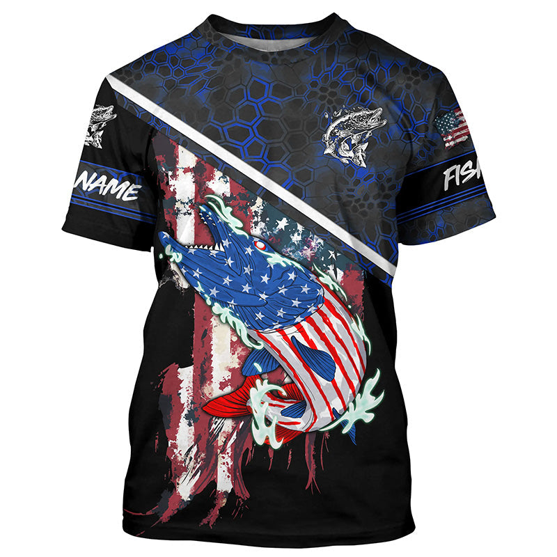 American Flag Musky fishing blue camo Custom name long sleeve muskie Fishing NQS4821