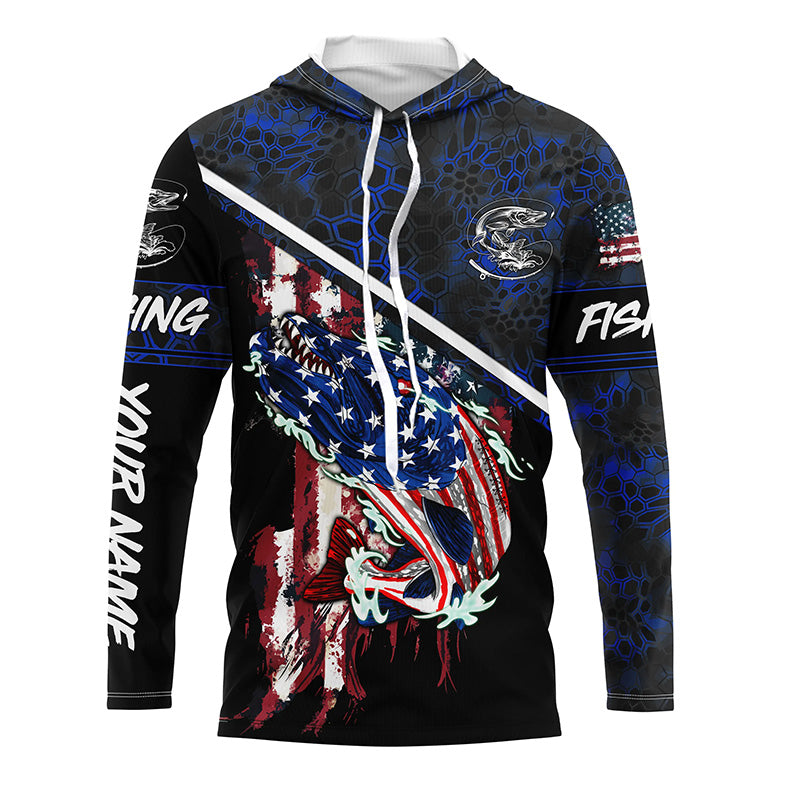 American Flag Northern pike fishing blue camo Custom name long sleeve Fishing NQS4822