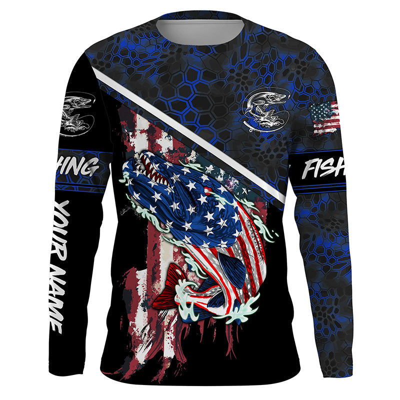 American Flag Northern pike fishing blue camo Custom name long sleeve Fishing NQS4822