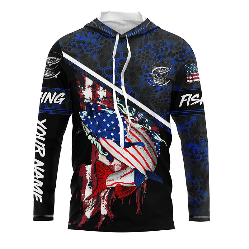 American Flag trout fishing blue camo Custom name trout long sleeve Fishing NQS4823