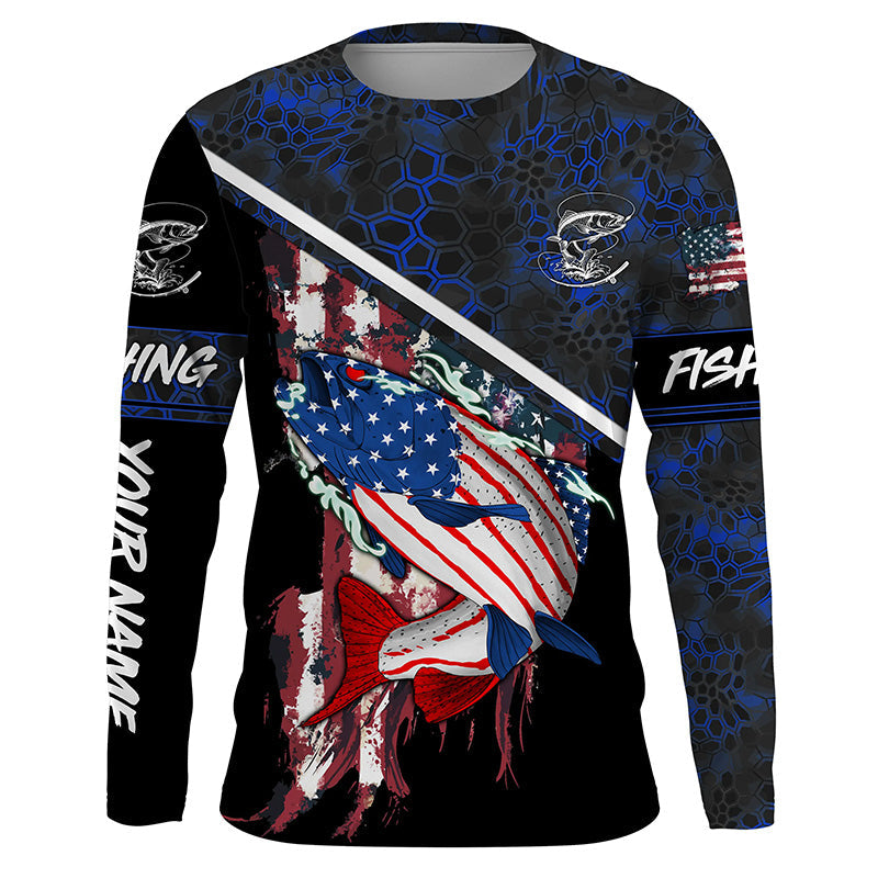 American Flag trout fishing blue camo Custom name trout long sleeve Fishing NQS4823