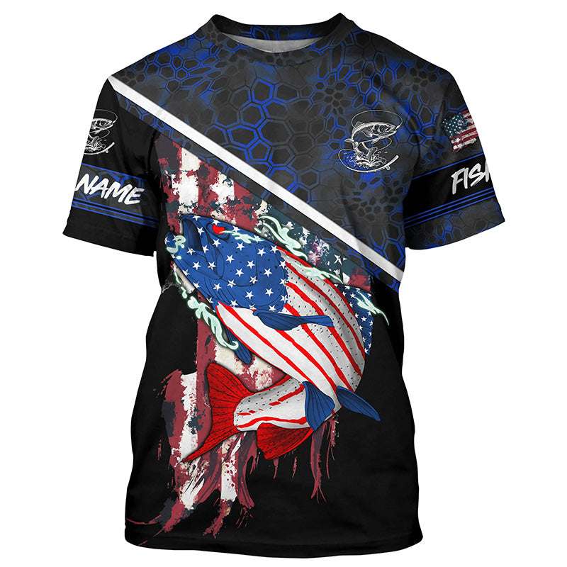 American Flag trout fishing blue camo Custom name trout long sleeve Fishing NQS4823