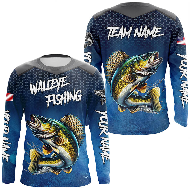 Blue camo Walleye fishing Custom performance long sleeve team Walleye fishing tournament NQS7718