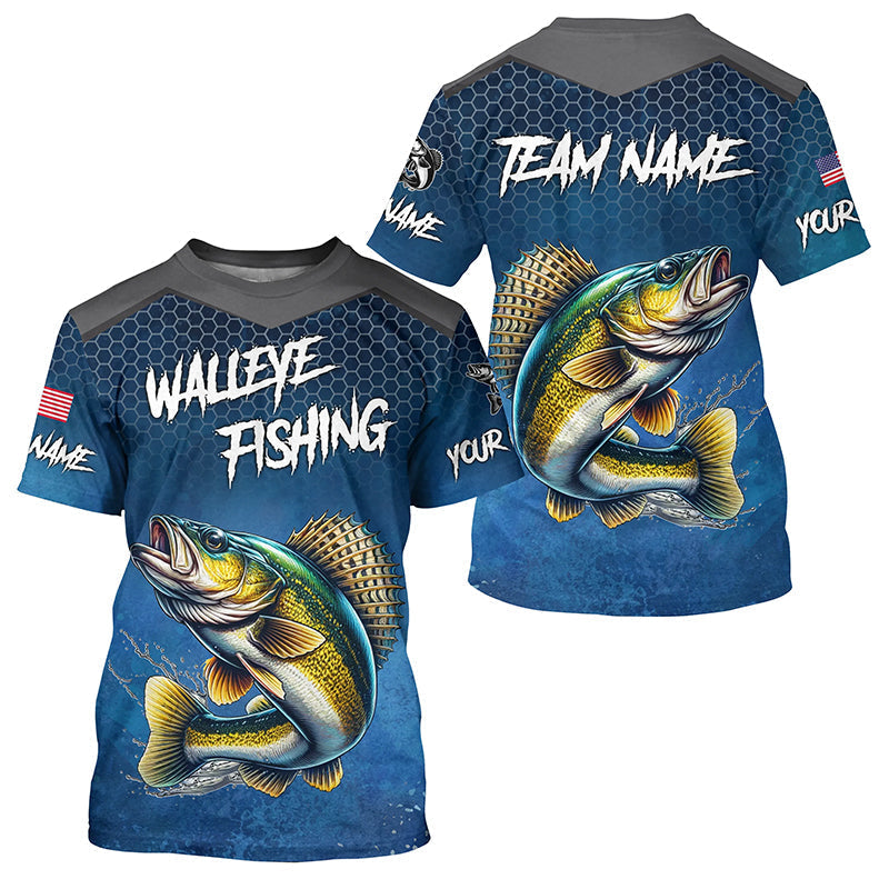 Blue camo Walleye fishing Custom performance long sleeve team Walleye fishing tournament NQS7718