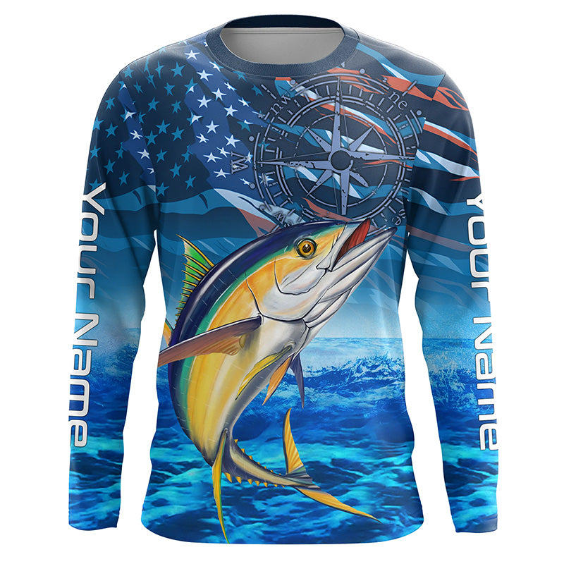 Personalized Tuna Saltwater Blue Camo American flag patriotic Long Sleeve Performance Fishing NQS5845