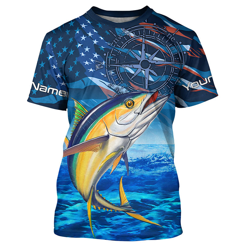 Personalized Tuna Saltwater Blue Camo American flag patriotic Long Sleeve Performance Fishing NQS5845