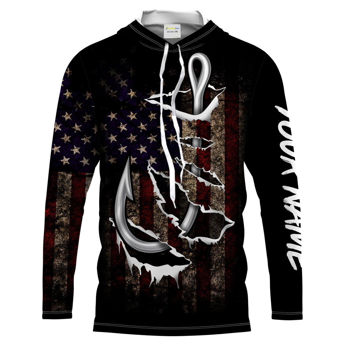 US Fishing 3D Fish Hook American Flag patriotic UV protection customize name long sleeves UPF 30+ fishing apparel NQS2161