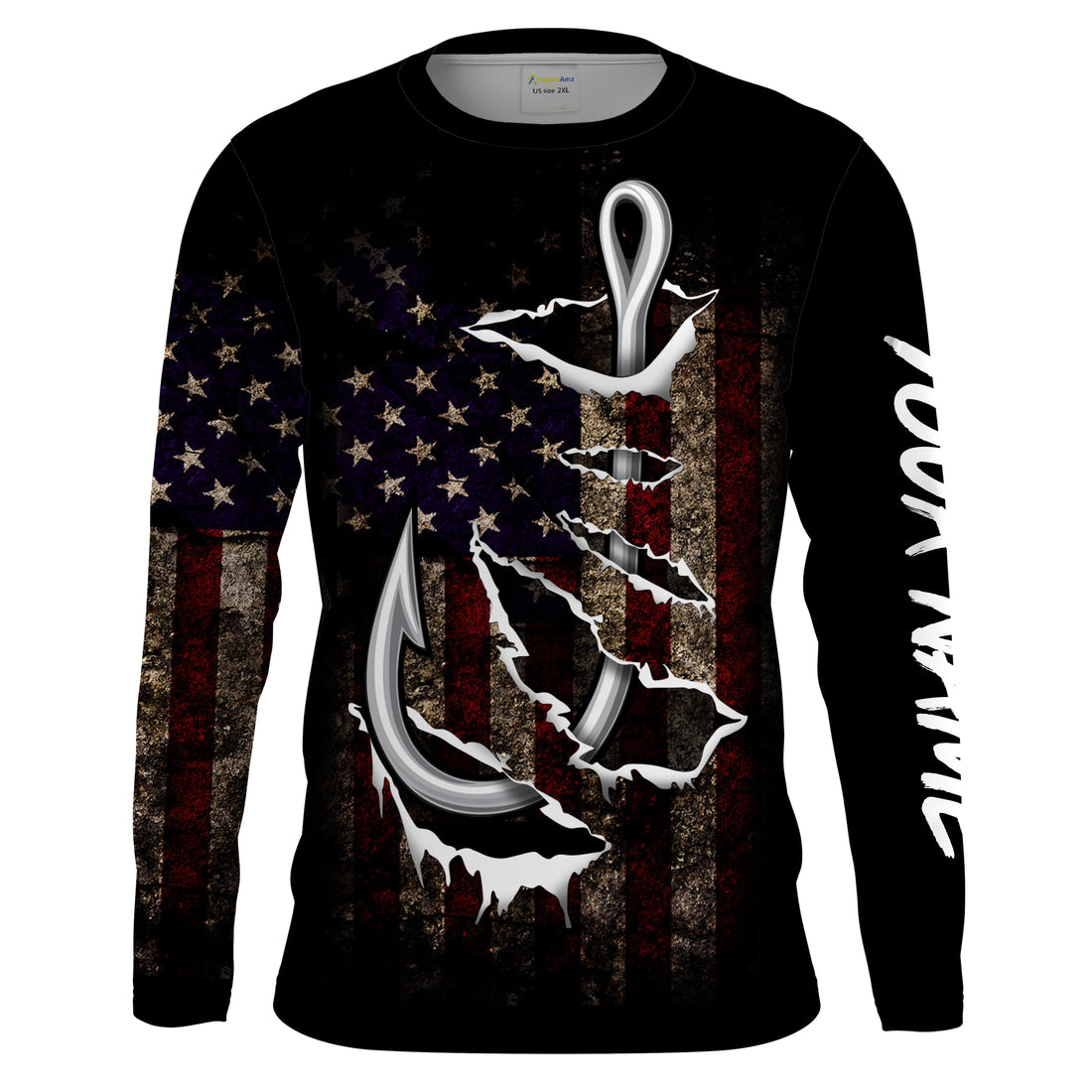 US Fishing 3D Fish Hook American Flag patriotic UV protection customize name long sleeves UPF 30+ fishing apparel NQS2161