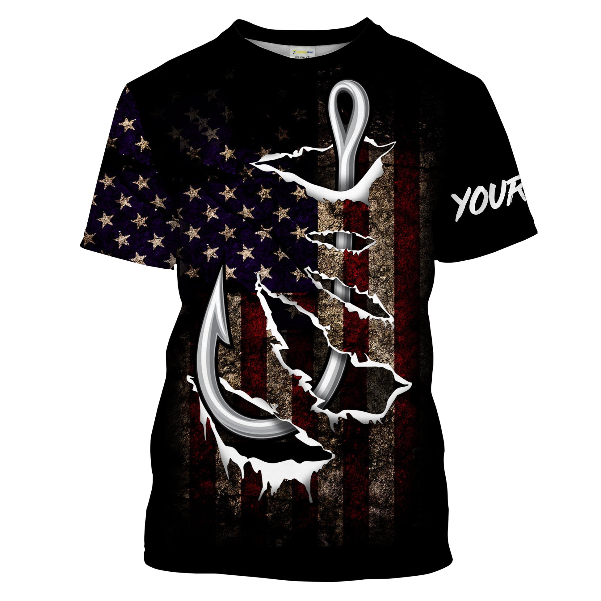US Fishing 3D Fish Hook American Flag patriotic UV protection customize name long sleeves UPF 30+ fishing apparel NQS2161
