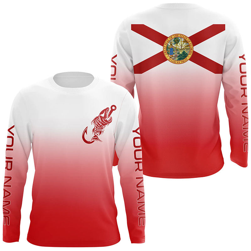Red and white Florida flag fish hook skull fishing Custom long sleeve performance Fishing NQS6053
