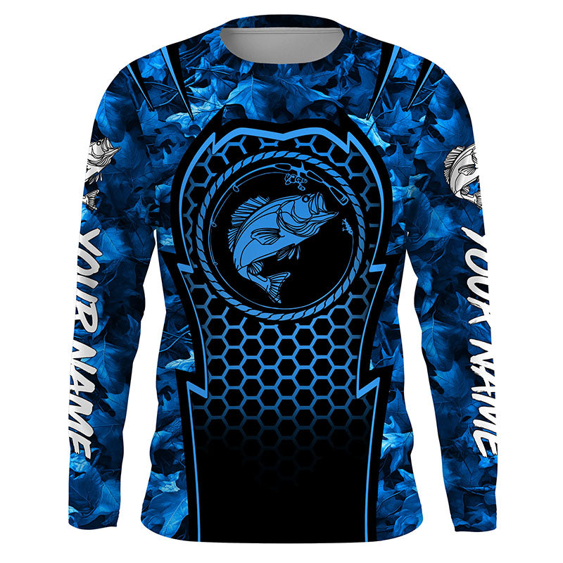 Bass Fishing blue camouflage sun protection Custom name long sleeves fishing, women, Kid NQS4253