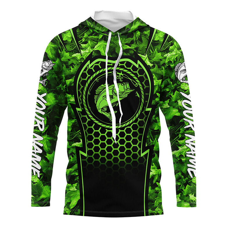 Bass Fishing green camouflage sun protection Custom name long sleeve fishing, women, Kid NQS4254