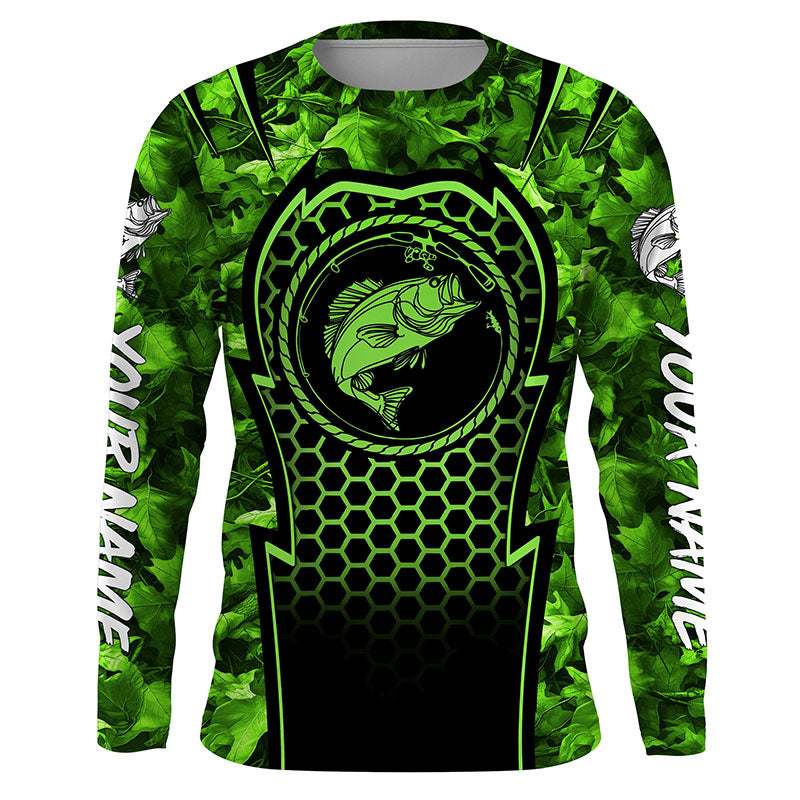 Bass Fishing green camouflage sun protection Custom name long sleeve fishing, women, Kid NQS4254