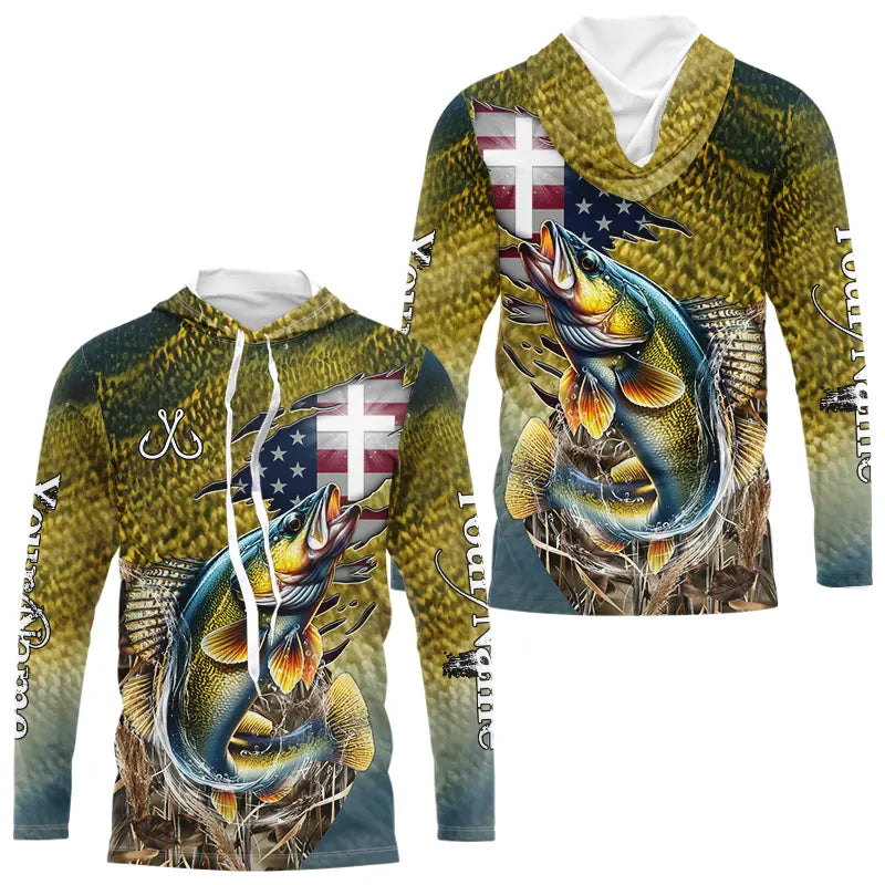 Walleye Fishing Scales Camo American Flag Faith patriotic Custom UV protection long sleeves NQS9310