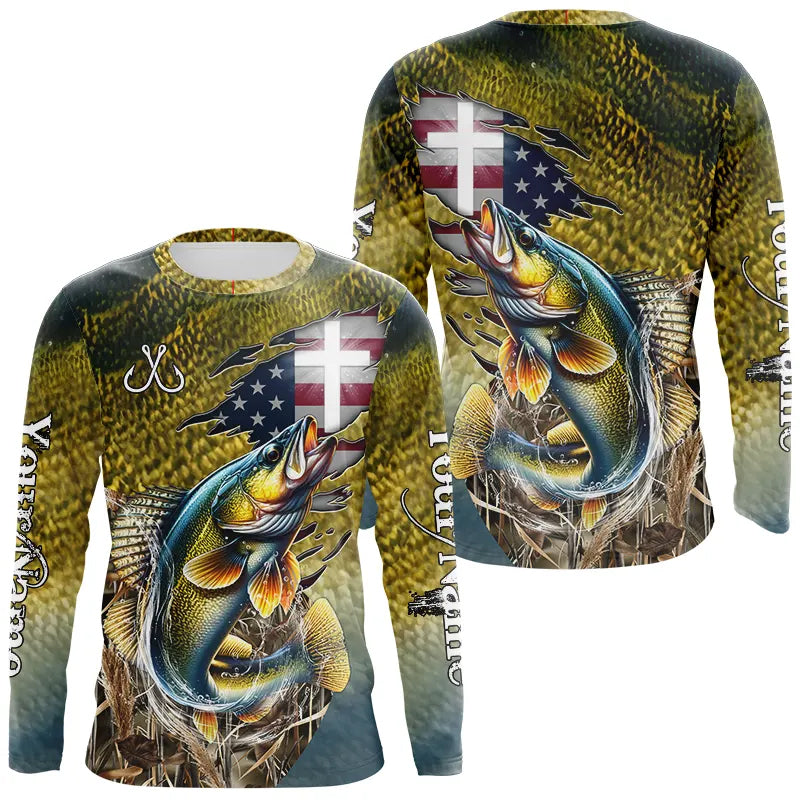 Walleye Fishing Scales Camo American Flag Faith patriotic Custom UV protection long sleeves NQS9310