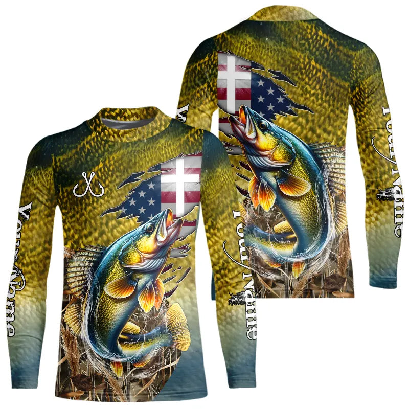 Walleye Fishing Scales Camo American Flag Faith patriotic Custom UV protection long sleeves NQS9310