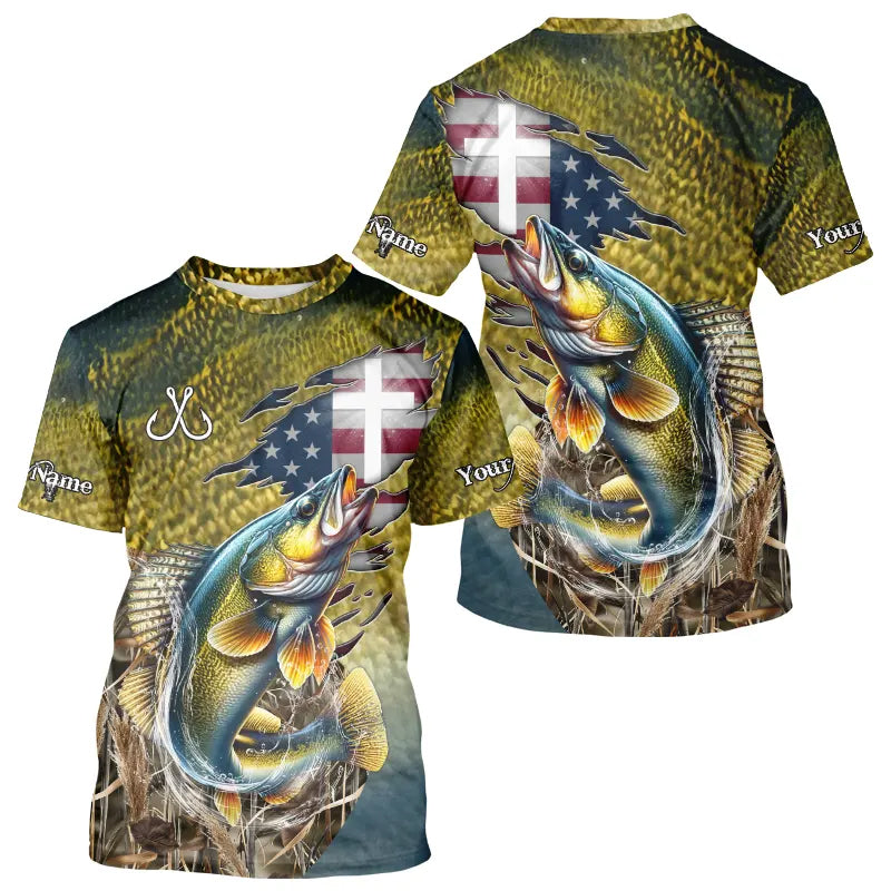 Walleye Fishing Scales Camo American Flag Faith patriotic Custom UV protection long sleeves NQS9310