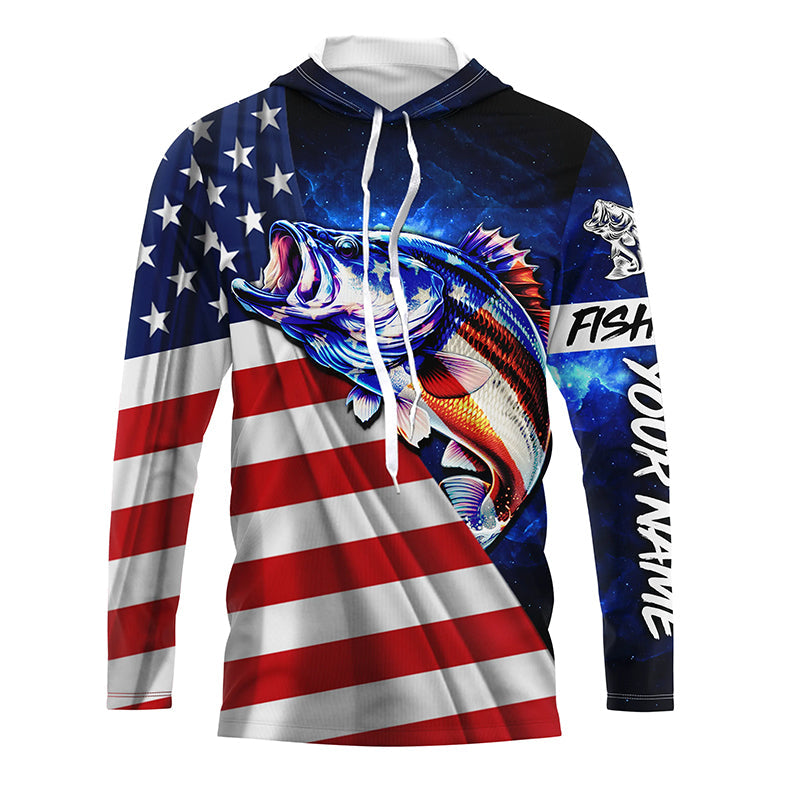 Bass Fishing 3D American Flag patriotic blue galaxy Custom UV protection long sleeve Fishing NQS5396