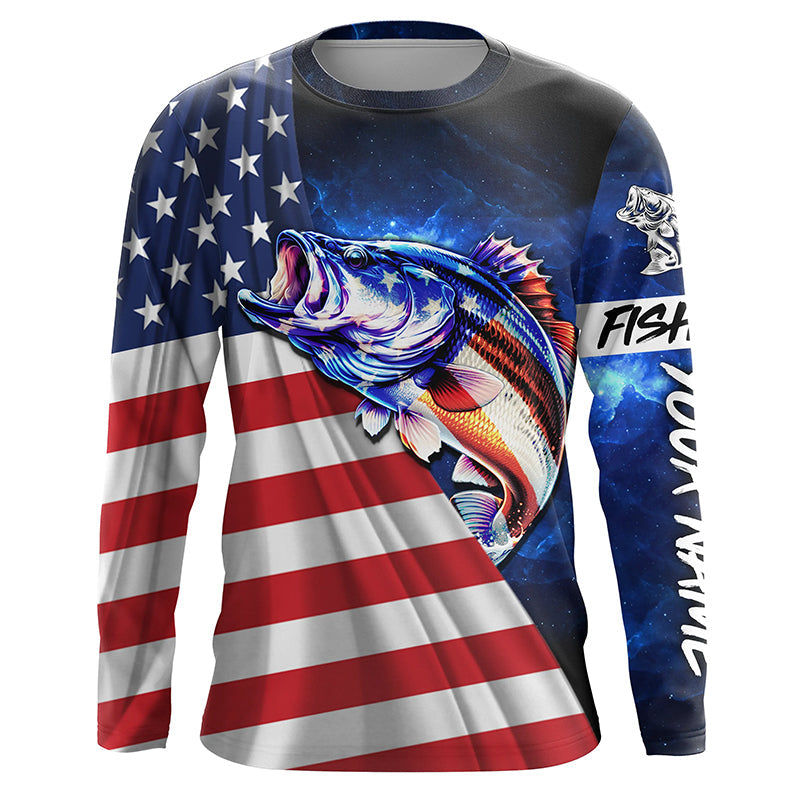 Bass Fishing 3D American Flag patriotic blue galaxy Custom UV protection long sleeve Fishing NQS5396