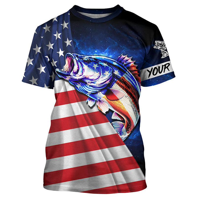 Bass Fishing 3D American Flag patriotic blue galaxy Custom UV protection long sleeve Fishing NQS5396