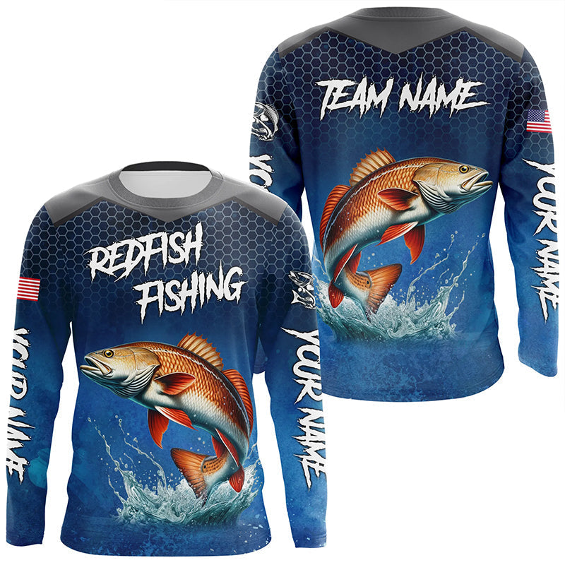 Blue camo Redfish fishing Custom performance long sleeve team Red Drum fishing tournament NQS7728
