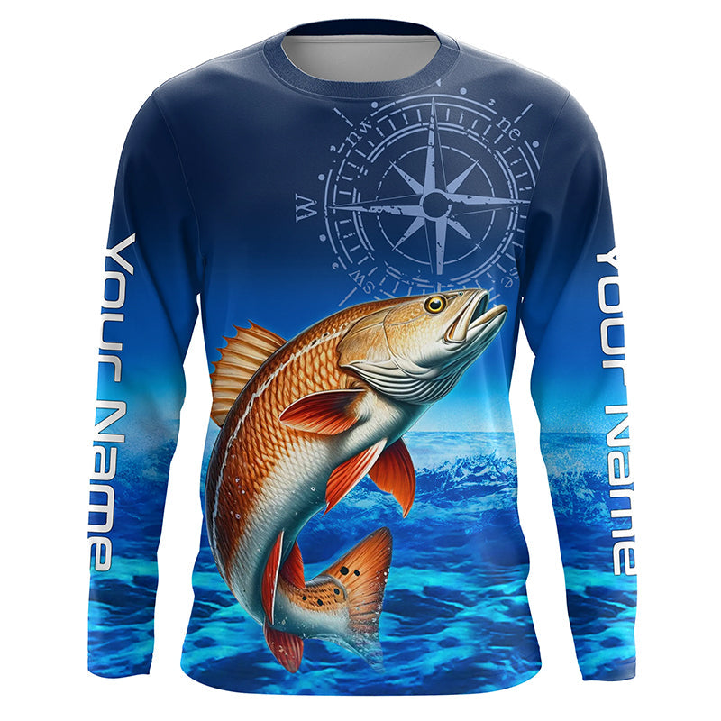 Personalized Redfish red drum Blue Long Sleeve Performance Fishing, compass tournament NQS5851