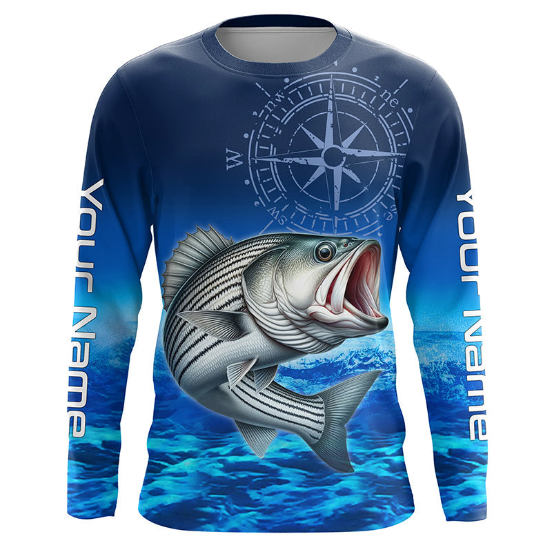 Personalized Striped bass Blue Long Sleeve Performance Fishing, compass striper tournament NQS5852