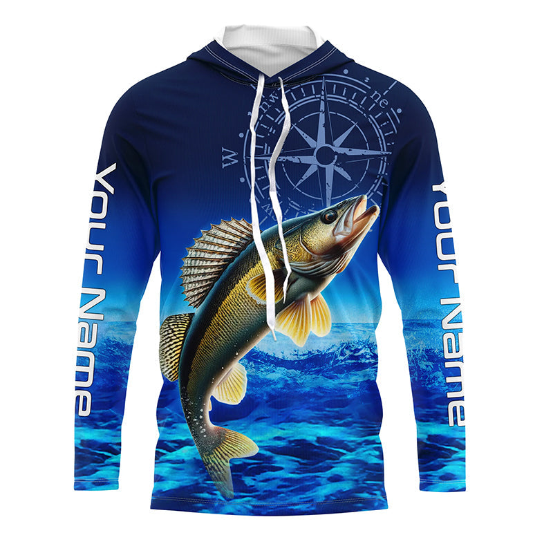 Personalized Walleye Blue Long Sleeve Performance Fishing, compass Walleye tournament NQS5853