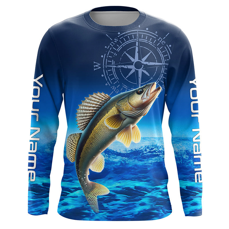 Personalized Walleye Blue Long Sleeve Performance Fishing, compass Walleye tournament NQS5853