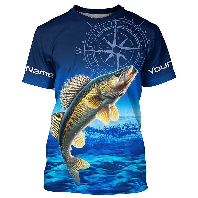 Personalized Walleye Blue Long Sleeve Performance Fishing, compass Walleye tournament NQS5853