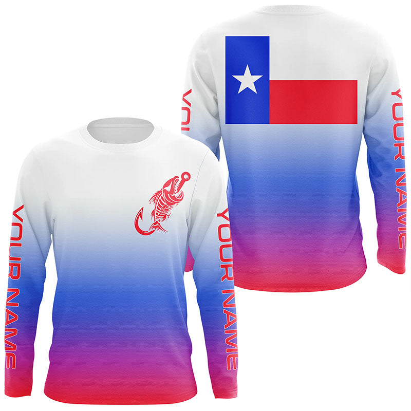 Red, white and blue Texas flag fish hook skull fishing Custom long sleeve performance Fishing NQS6060
