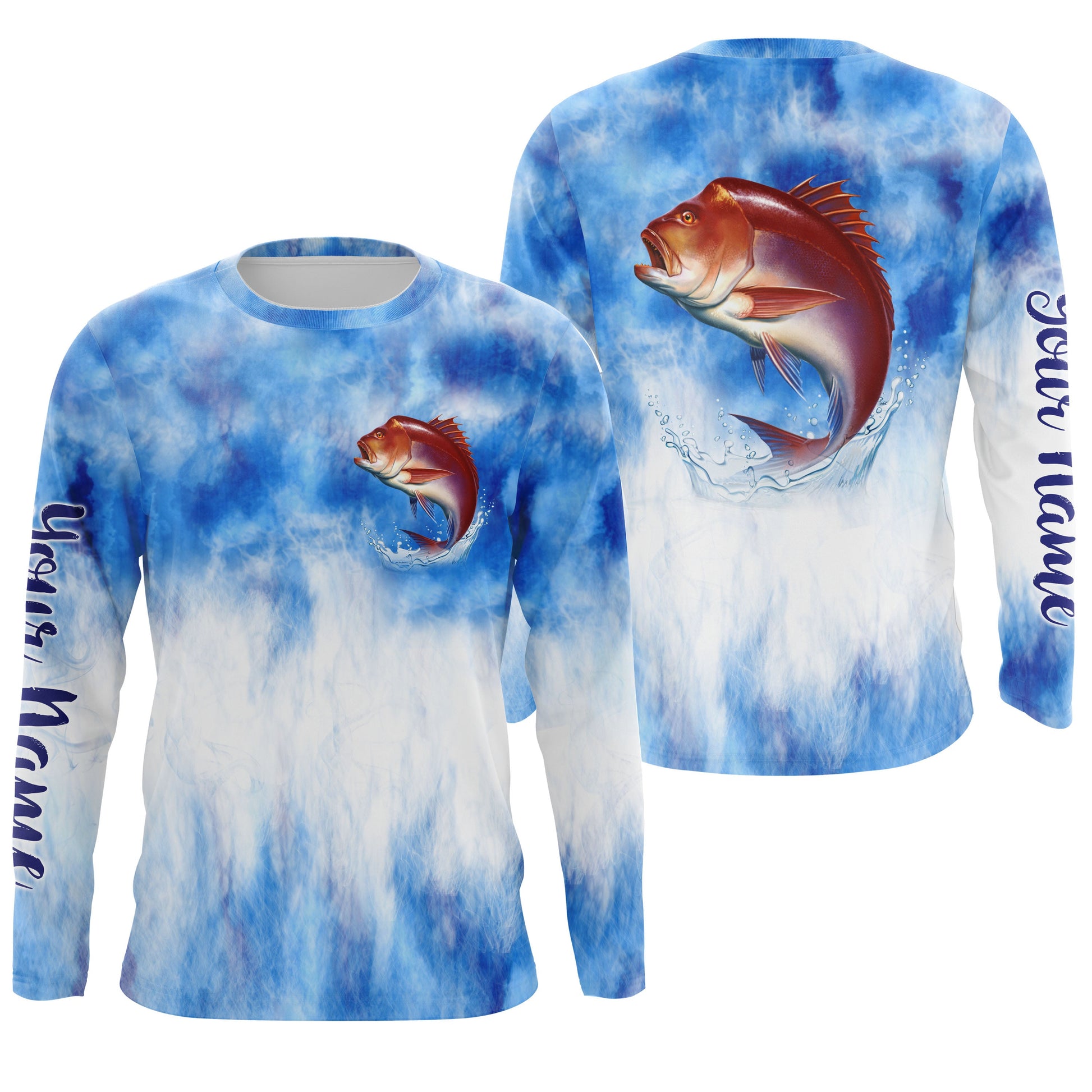 Red snapper saltwater fishing blue sea camo Custom Name sun protection UPF long sleeve fishing NQS3542