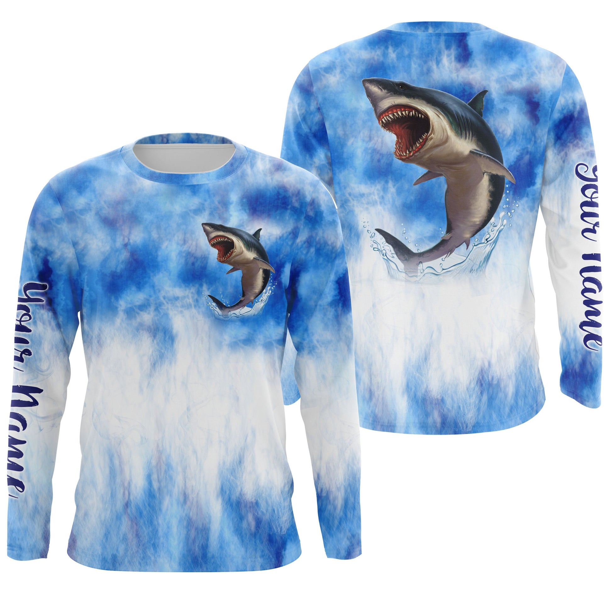 Shark fishing blue sea camo Custom Name sun protection UPF long sleeve fishing NQS3545