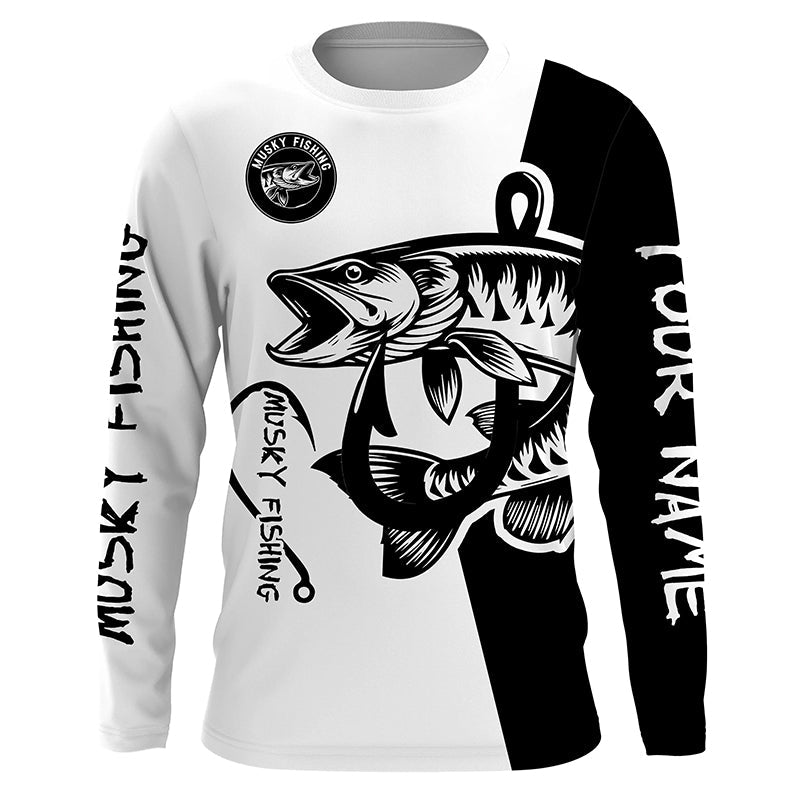 Musky (muskie) fishing black white Customize name long sleeves fishing NQS1580