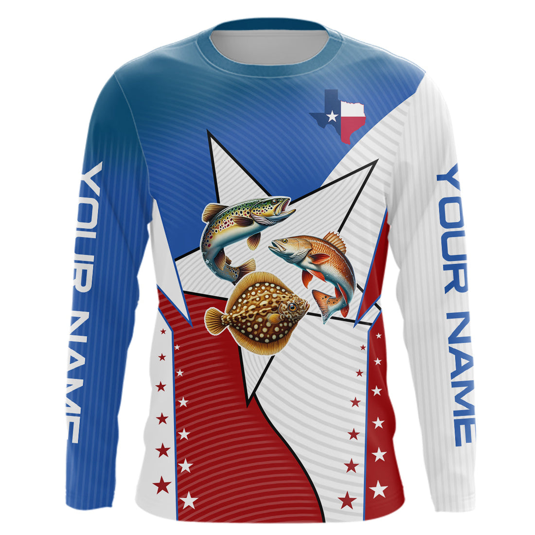 Redfish, Trout, Flounder Texas slam flag Custom Long Sleeve Fishing, Patriotic fishing NQS7541