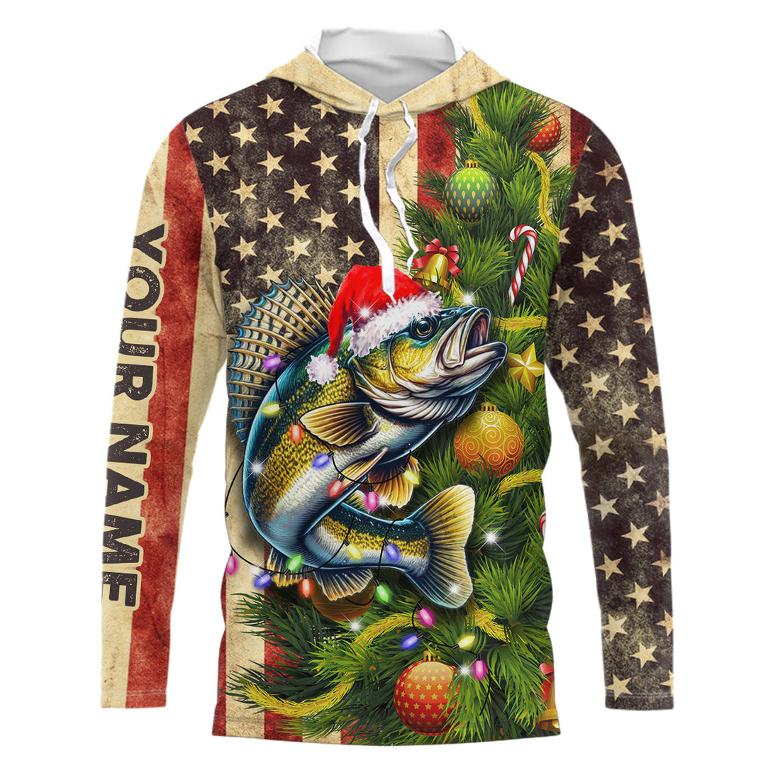 Personalized Christmas Walleye fishing American flag patriotic Performance long sleeve Fishing NQS9069