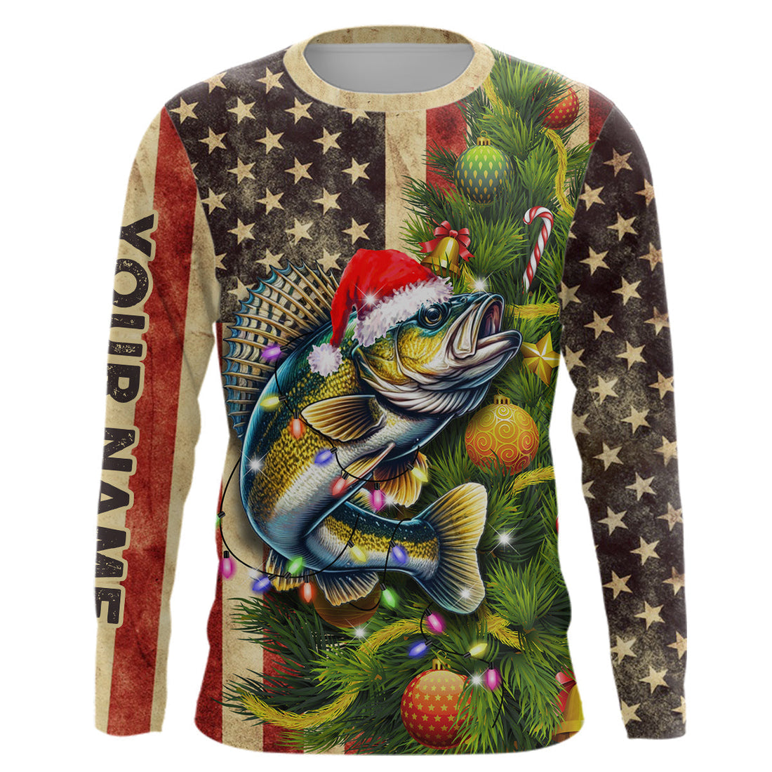 Personalized Christmas Walleye fishing American flag patriotic Performance long sleeve Fishing NQS9069