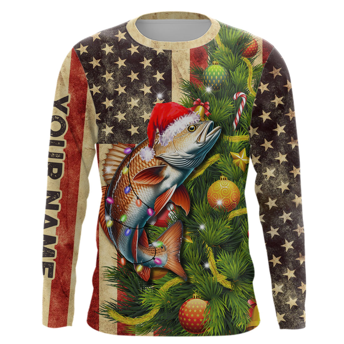 Personalized Christmas Redfish fishing American flag patriotic Performance long sleeve Fishing NQS9071