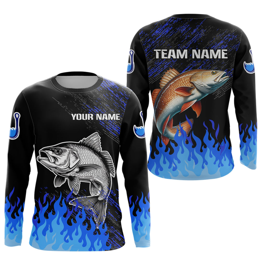 Blue fire Redfish fishing Custom performance long sleeve Red Drum fishing tournament for team NQS9743