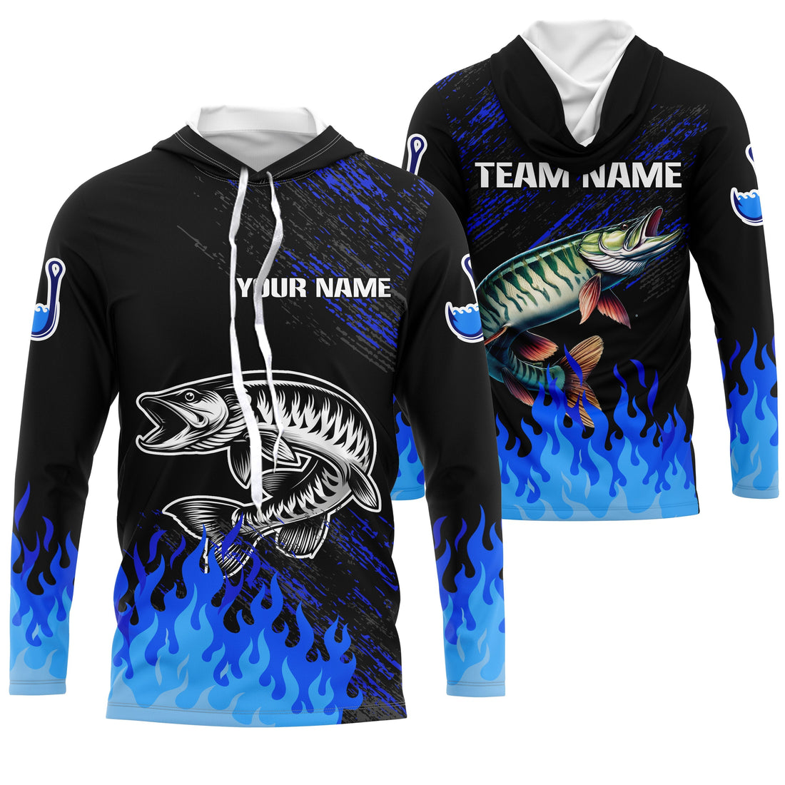Blue fire Musky fishing Custom performance long sleeve flame Muskie fishing tournament for team NQS9744