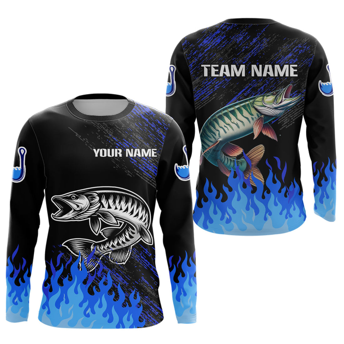 Blue fire Musky fishing Custom performance long sleeve flame Muskie fishing tournament for team NQS9744