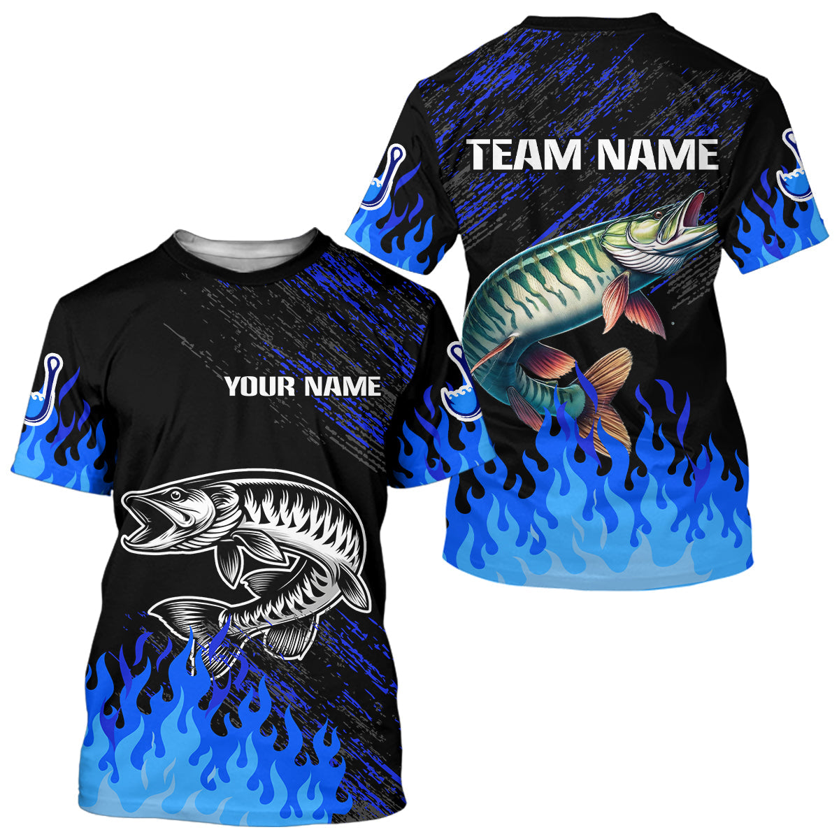 Blue fire Musky fishing Custom performance long sleeve flame Muskie fishing tournament for team NQS9744