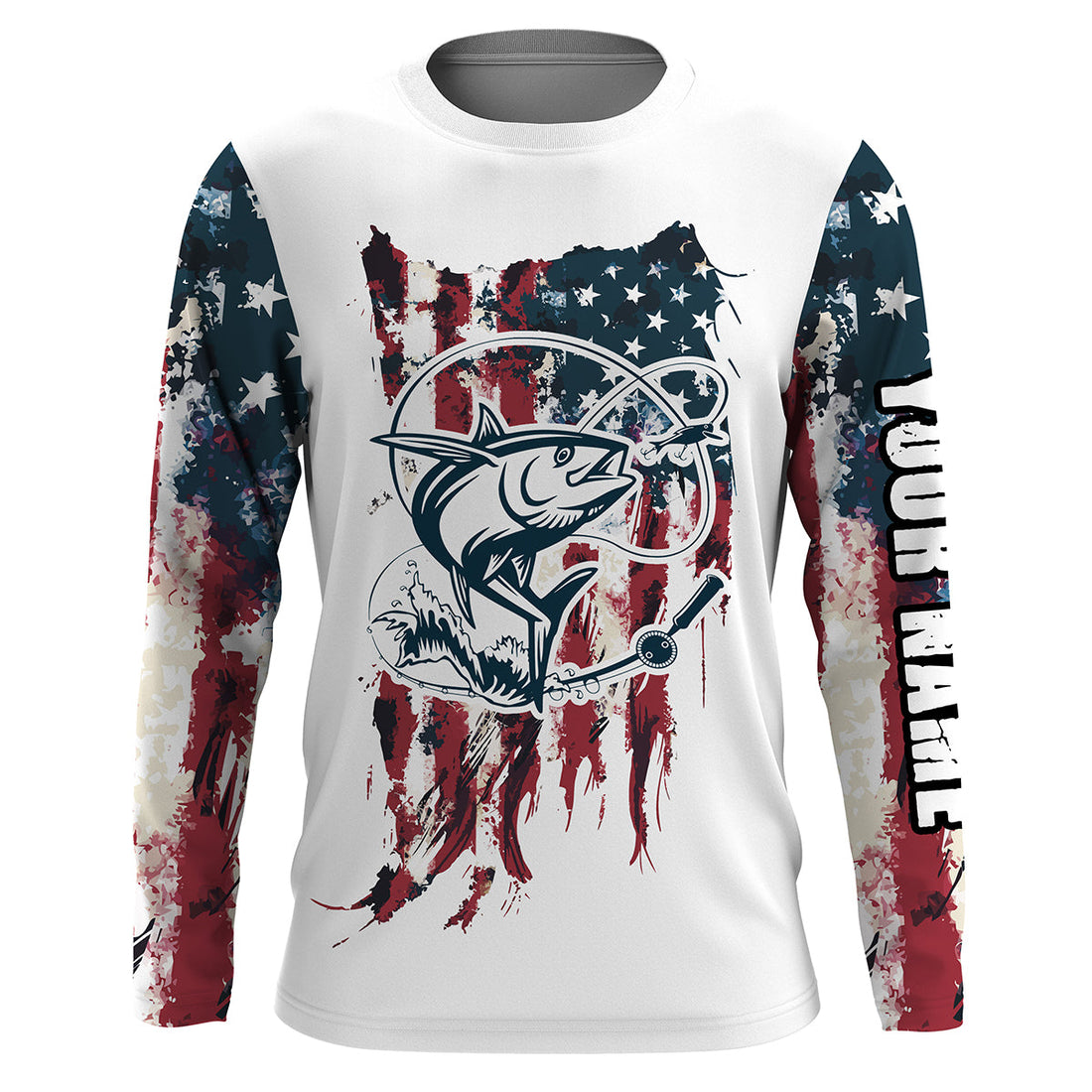 Tuna Fishing American Flag Patriotic Custom Name UV Protection Long Sleeve, Performance - FSD2469