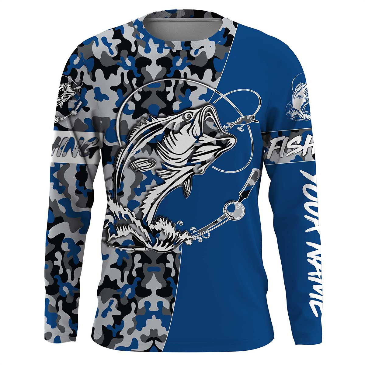 Bass Tattoo camo Blue Bass Fishing Custom Name UV Protection, Bass Fishing Tournament Clothing - FSD2984