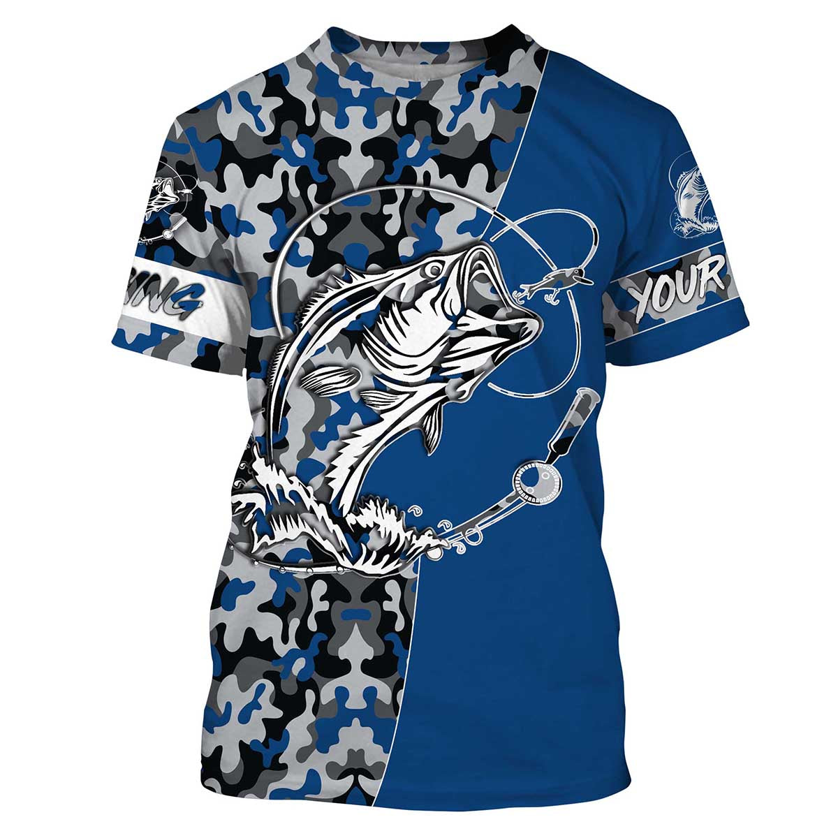 Bass Tattoo camo Blue Bass Fishing Custom Name UV Protection, Bass Fishing Tournament Clothing - FSD2984