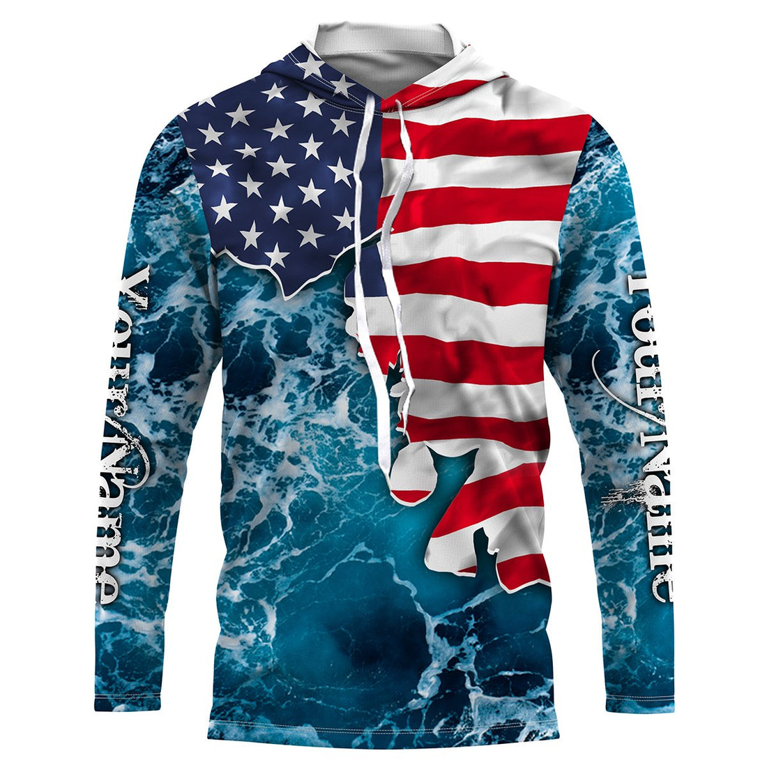 American Flag Sea Waves Fishing Custom Name Performance UV Protection Quick Dry UPF 30+ FSD2618
