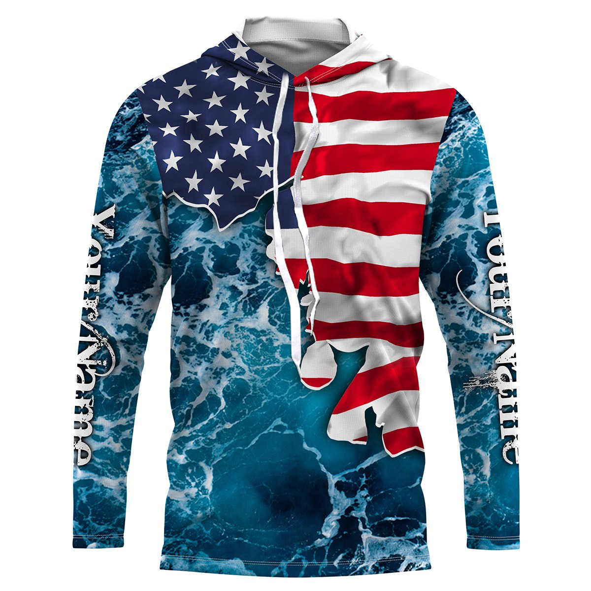 American Flag Sea Waves Fishing Custom Name Performance UV Protection Quick Dry UPF 30+ FSD2618