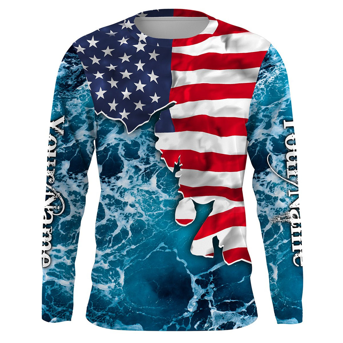 American Flag Sea Waves Fishing Custom Name Performance UV Protection Quick Dry UPF 30+ FSD2618
