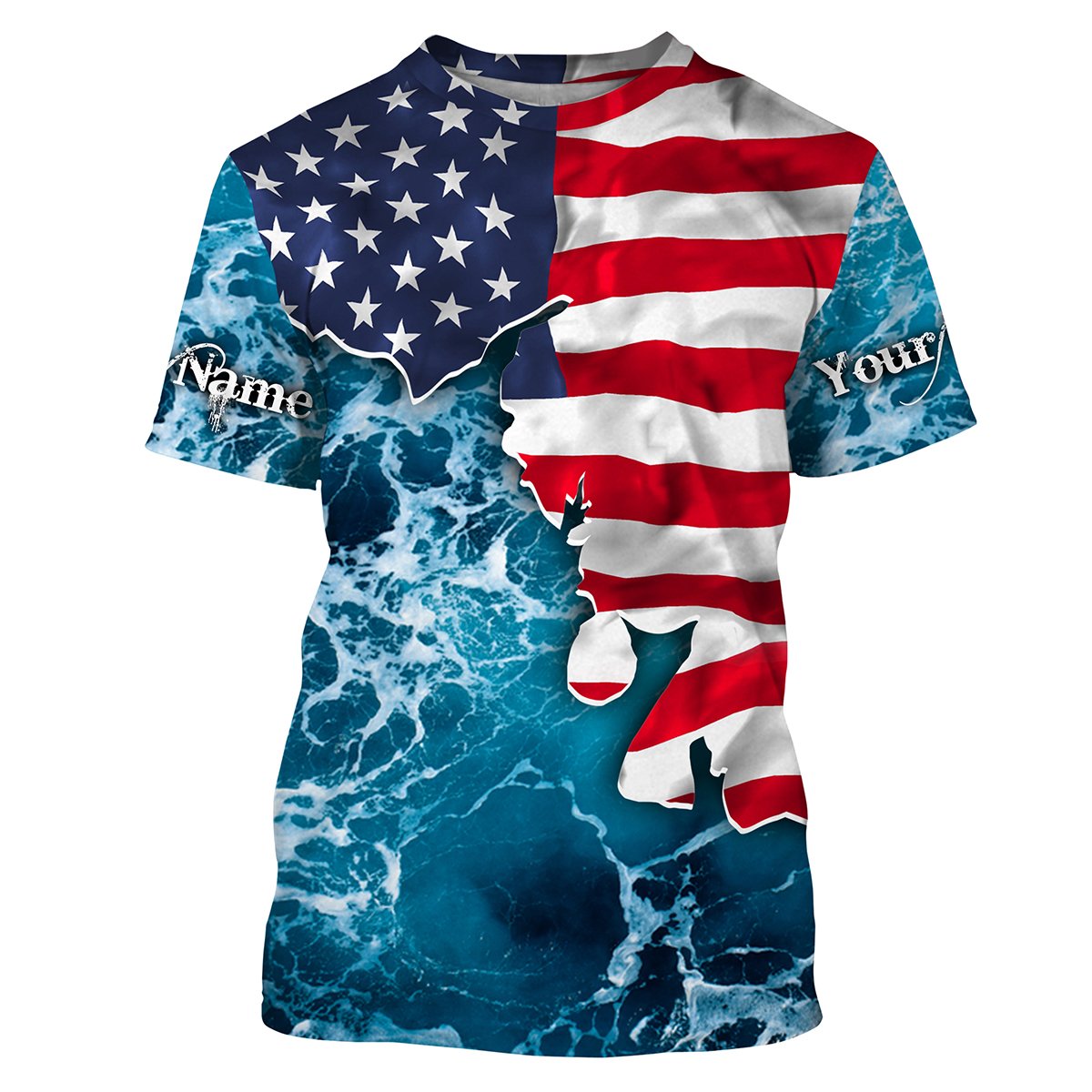 American Flag Sea Waves Fishing Custom Name Performance UV Protection Quick Dry UPF 30+ FSD2618